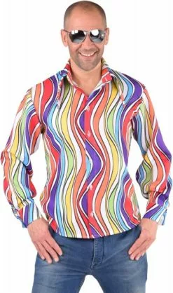 Overig Heren Disco Blouse Seventies Rainbow Waves
