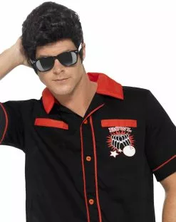 Overig Jaren 50 Bowling Shirt Zwart-Rood -Carnavalskleding Dames Winkel jaren 50 bowling shirt zwart rood close up voorkant