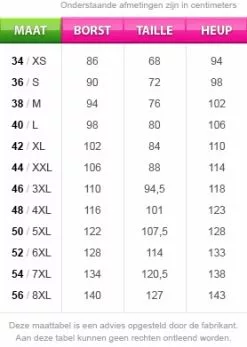 Overig Carnavalsjas Journal Voor Dames -Carnavalskleding Dames Winkel maattabel 121
